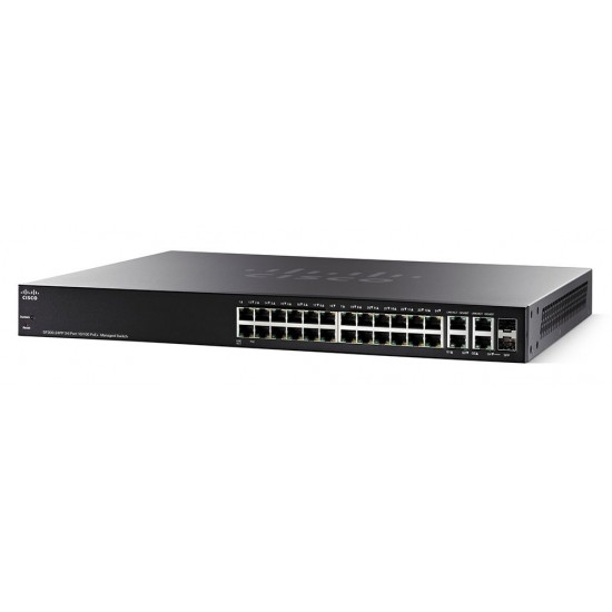 Switch Cisco Fast Ethernet SF300-24PP, 24 Puertos 10/100 + 2 Puertos 10/100/1000 + 2 Puertos SFP, 12.8 Gbit/s, 16.384 Entradas - Gestionado