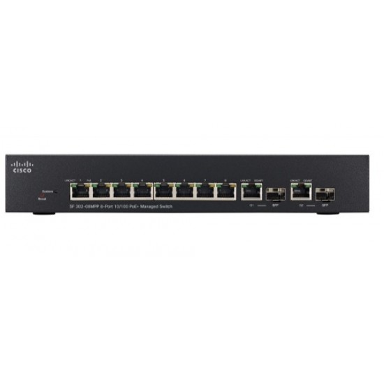 Switch Cisco Fast Ethernet PoE SF302-08MPP-K9-NA ADMINISTRABLE 8 Puertos RJ-45 10/100Mbps, 2 Puertos SFP